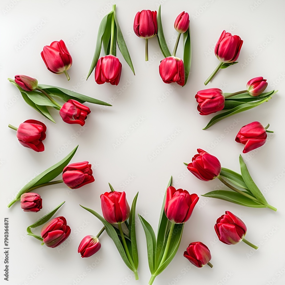 Crimson Tulips Circle Arrangement on Dark White Background Crimson Tulips Circle Arrangement on Dark White Background