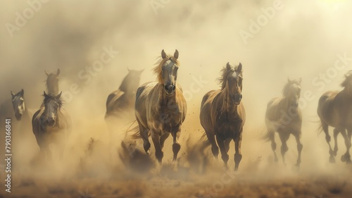 Majestic horses running through dust cloud - A captivating image showcasing a herd of wild horses thundering through a dust cloud in golden light