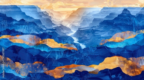 art deco painting with grand canyon as subject, in blue and gold, abstract