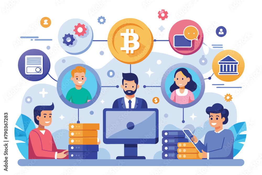 A group of people gathered around a computer, engaged in a discussion or collaboration for an online bitcoin business, bitcoin online business team, Simple and minimalist flat Vector Illustration A group of people gathered around a computer, engaged in a discussion or collaboration for an online bitcoin business, bitcoin online business team, Simple and minimalist flat Vector Illustration