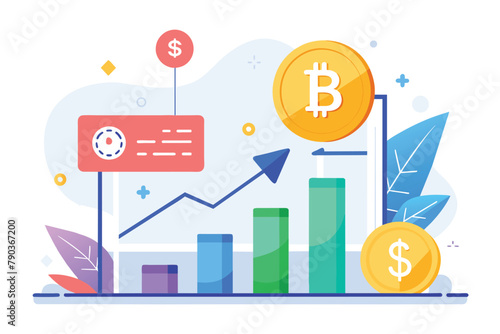 A bar graph with a bitcoin symbol placed on top, representing financial growth and cryptocurrency trends, Bitcoin and dollar business trending, Simple and minimalist flat Vector Illustration
