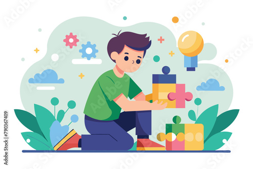 A man is engaged in play, exploring and interacting with a variety of toys from a box, Boy is putting together a puzzle, Simple and minimalist flat Vector Illustration
