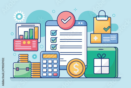 Calculator, Calculator, Checklist on a Desk, budget management personal financial control budget planning records management, Simple and minimalist flat Vector Illustration