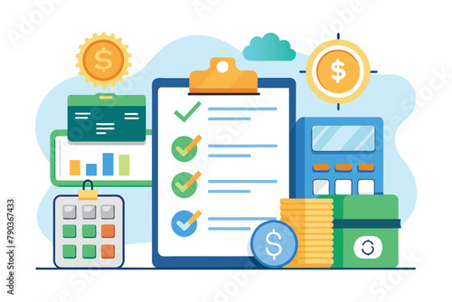Financial Planning Checklist With Calculator and Money, budget management personal financial control budget planning records management, Simple and minimalist flat Vector Illustration