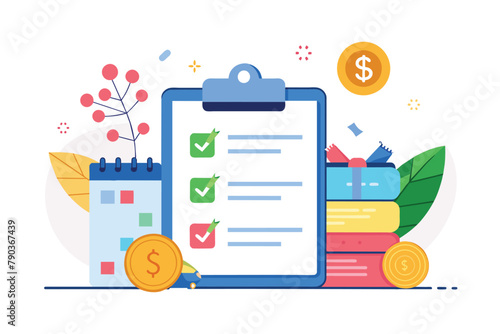 Clipboard with checklist and coins, symbolizing budget planning and financial management in a minimalist flat vector design, budget planning, Simple and minimalist flat Vector Illustration