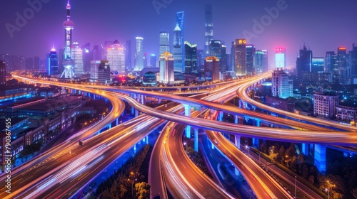 Shanghai elevated road junction and interchange overpass at night, Shanghai China