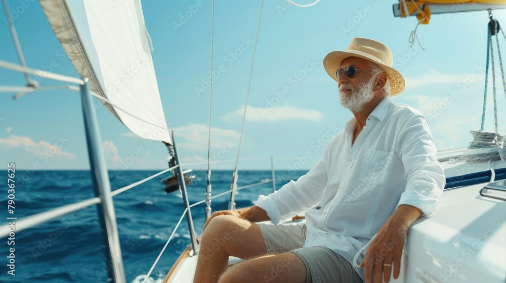 Sailing on a yacht with clear blue skies - A person enjoying a leisurely sail on a yacht with vast blue ocean and clear skies, depicting freedom and luxury