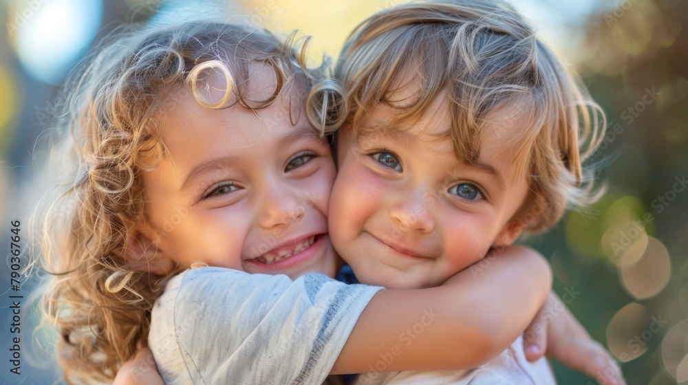 Sibling love: Two Caucasian siblings share a loving embrace, their fair skin and bright smiles reflecting the deep bond between them.