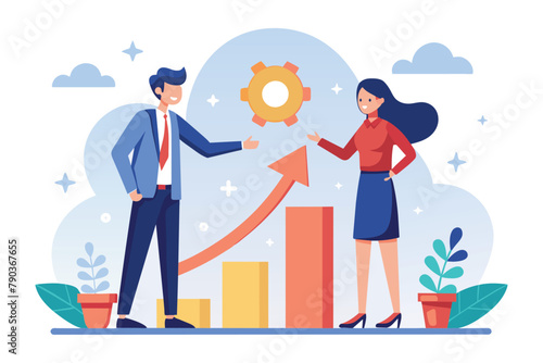 Business Partners Shaking Hands Over a Chart, Business cooperation to increase profits, Simple and minimalist flat Vector Illustration