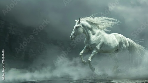 Majestic white horse running through mist - A powerful white horse gallops freely through a mystical mist, embodying strength and elegance in motion