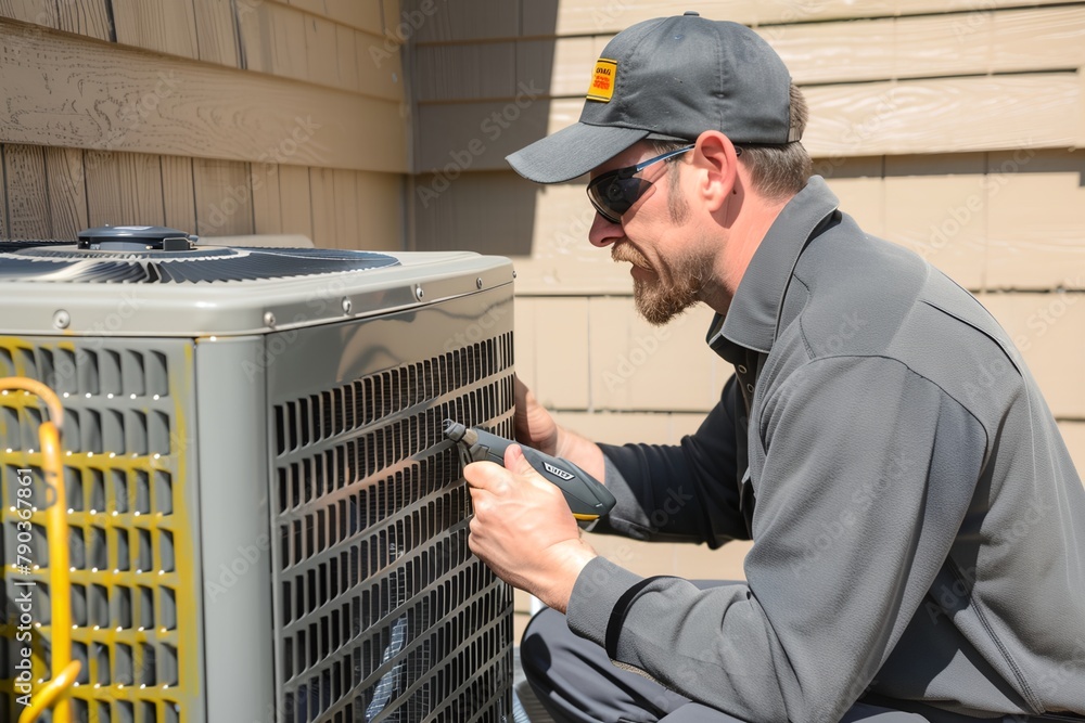 Air conditioning repair, service man fixing air conditioner unit Air conditioning repair, service man fixing air conditioner unit