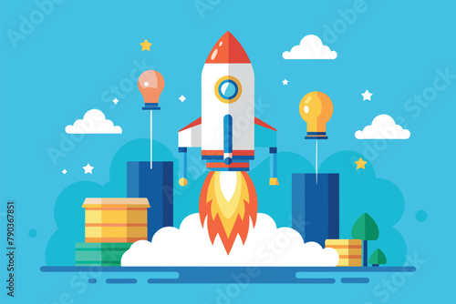 A rocket is ascending rapidly into the sky in a business launch concept, Business launch, Simple and minimalist flat Vector Illustration