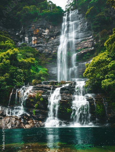 Majestic tropical waterfall flowing in lush jungle - A scenic view of a powerful waterfall cascading down rocky cliffs surrounded by vibrant tropical greenery and mist
