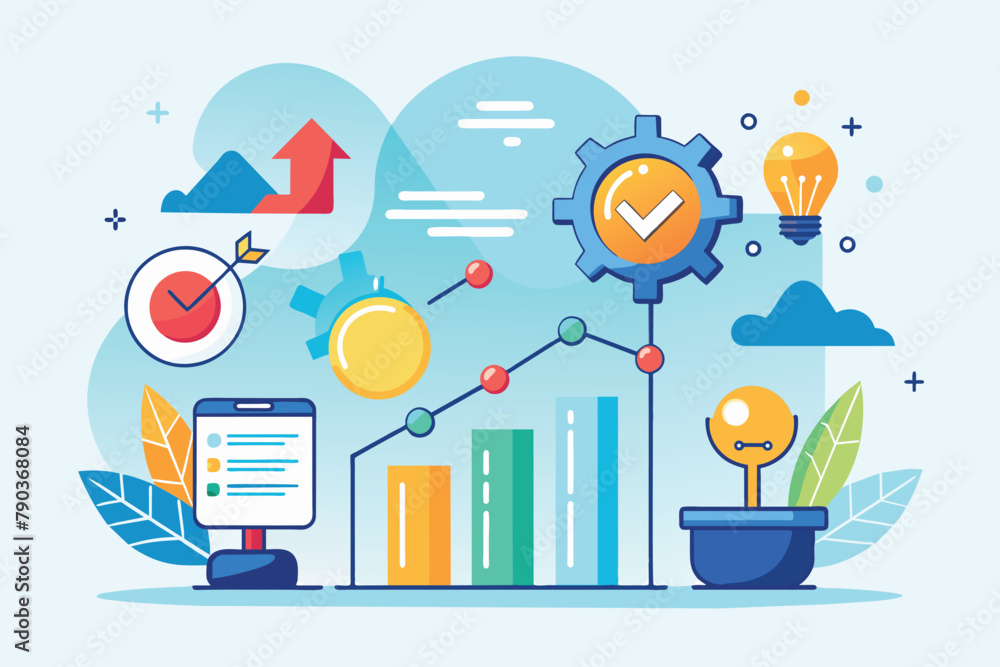 A blue background featuring a clock, a plant, and various other items, Business management improvement, Simple and minimalist flat Vector Illustration A blue background featuring a clock, a plant, and various other items, Business management improvement, Simple and minimalist flat Vector Illustration