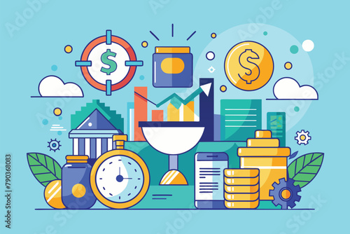 Clock ticking beside money and various items, symbolizing the importance of time and financial matters, Business money investment, Simple and minimalist flat Vector Illustration