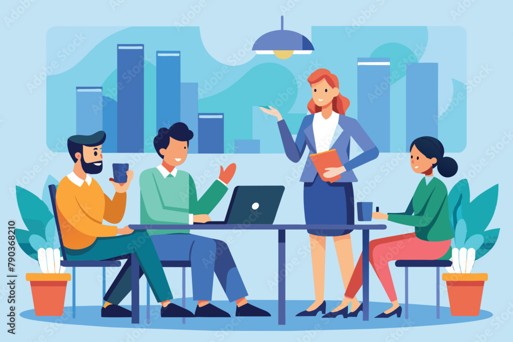 A group of individuals sitting around a table, engaged in a meeting, with a laptop open in front of them, business people conduct meetings, Simple and minimalist flat Vector Illustration A group of individuals sitting around a table, engaged in a meeting, with a laptop open in front of them, business people conduct meetings, Simple and minimalist flat Vector Illustration