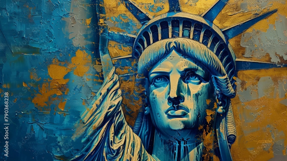 art deco painting with statue of liberty, in blue and gold 
