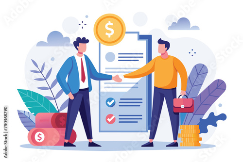Businessmen Shaking Hands Over Dollar Sign Contract, Business people shaking hands with contract papers and dollars trending, Simple and minimalist flat Vector Illustration