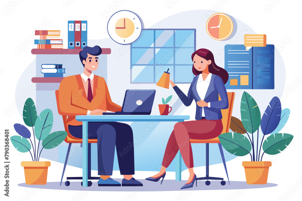 A man and woman are focused, working on a laptop together at a table in an office setting, Business people working in the office are exchanging ideas, Simple and minimalist flat Vector Illustration A man and woman are focused, working on a laptop together at a table in an office setting, Business people working in the office are exchanging ideas, Simple and minimalist flat Vector Illustration