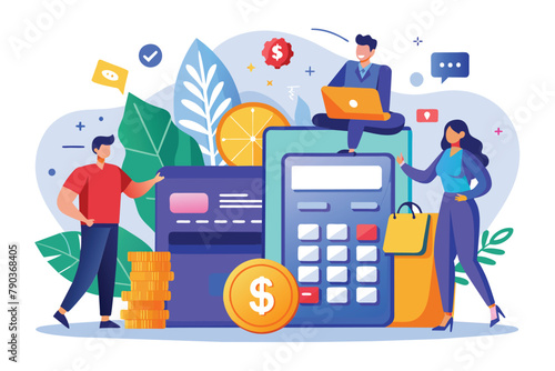 Business People Around Calculator With Money, Business people working among calculator, cash, wallet and credit card, Simple and minimalist flat Vector Illustration