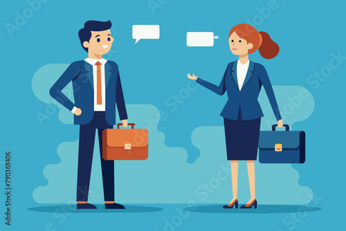 Two business people, a man, and a woman, are engaged in a conversation as they stand together, business people who discuss and briefcase, Simple and minimalist flat Vector Illustration