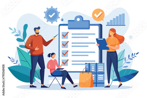 People Engaged in Checklist Review, business people study rule lists, read guidelines, create checklists, Simple and minimalist flat Vector Illustration