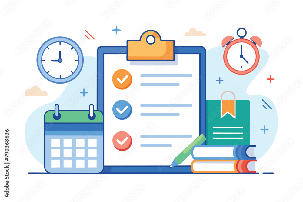 A clipboard with a checklist being reviewed next to a clock, Business schedule agreement, Simple and minimalist flat Vector Illustration A clipboard with a checklist being reviewed next to a clock, Business schedule agreement, Simple and minimalist flat Vector Illustration