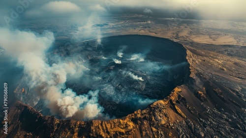 Smoke billowing from the crater of a dormant volcano, shrouding the landscape in an eerie mist. photo
