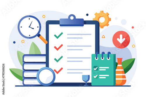 Clipboard with a checklist being examined by a magnifying glass in a business setting, Business schedule agreement, Simple and minimalist flat Vector Illustration