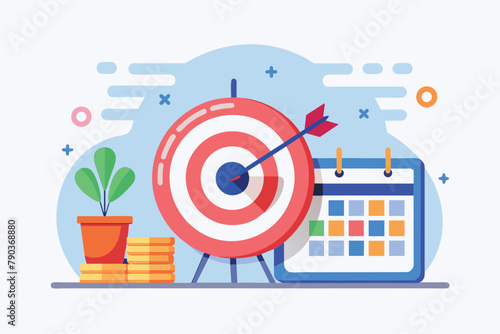 A dart has successfully hit the bulls eye target on a calendar, Business target with calendar, Simple and minimalist flat Vector Illustration