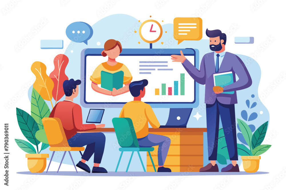 A man presenting to a group of people in a business training session with a large screen concept, Business training with big screenconcept flat illustration A man presenting to a group of people in a business training session with a large screen concept, Business training with big screenconcept flat illustration