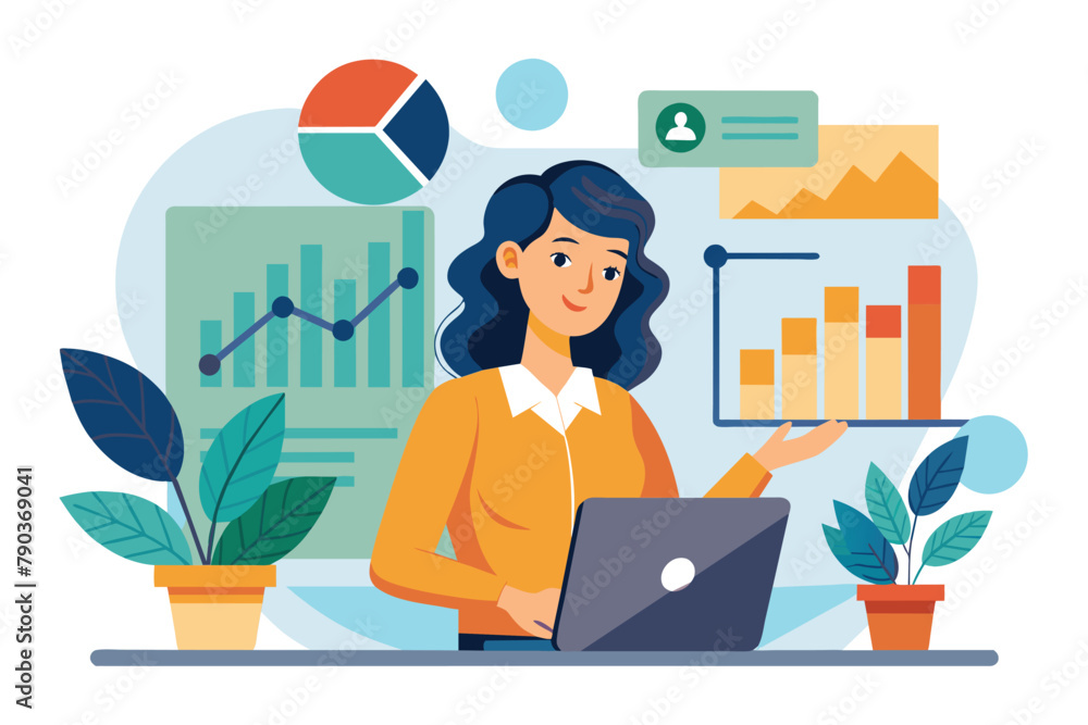 A woman sits in front of a laptop computer, focused on analyzing data for her business, A woman analyzing business data, Simple and minimalist flat Vector Illustration A woman sits in front of a laptop computer, focused on analyzing data for her business, A woman analyzing business data, Simple and minimalist flat Vector Illustration