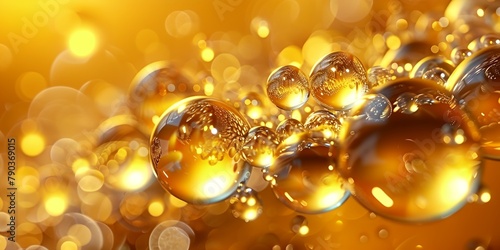 Yellow golden oil or serum, abstract bubbles and drops background
