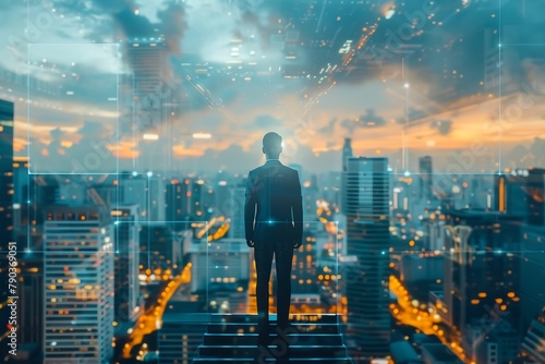 Man is walking up a staircase in a city. The image is a reflection of the city below  with the man s reflection visible on the stairs. Scene is one of ambition and determination