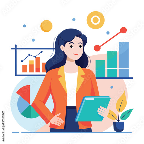 A business woman in a suit analyzing data while holding a clipboard, business woman with data analysis graph, Simple and minimalist flat Vector Illustration