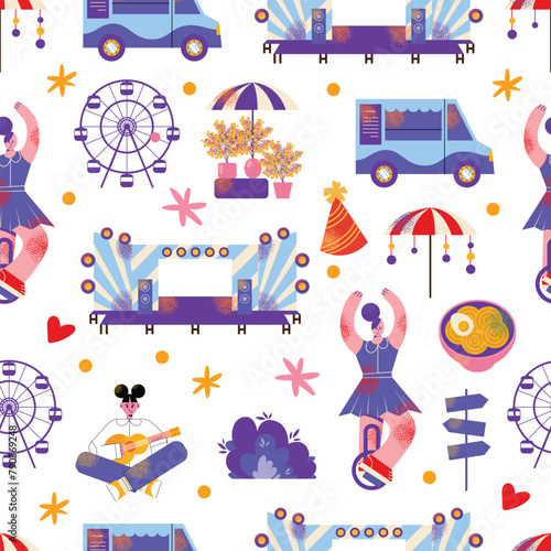 Music festival seamless pattern, open-air concert outdoor stage, live performance, food trucks, ferris wheels and flowers. Summer public entertainment party, picnic in park. Flat vector illustration