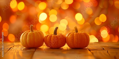 Festive autumn decor of pumpkins, on wooden table. Wide banner concept of Thanksgiving day or Halloween