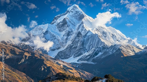 Snowy mountain peak: A snow-capped mountain peak rises into the sky, its rugged beauty enhanced by the pristine white snow that coats its slopes.