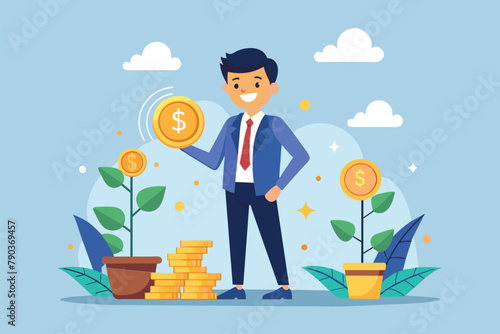 A businessman stands beside a stack of gold coins, symbolizing wealth and investment, businessman investing money, Simple and minimalist flat Vector Illustration