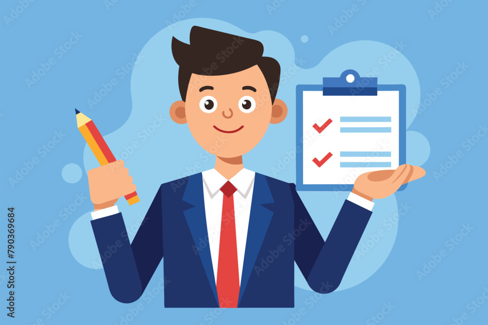 A man in a suit standing while holding a clipboard and pencil, Businessman with approval letter and pen, Simple and minimalist flat Vector Illustration A man in a suit standing while holding a clipboard and pencil, Businessman with approval letter and pen, Simple and minimalist flat Vector Illustration