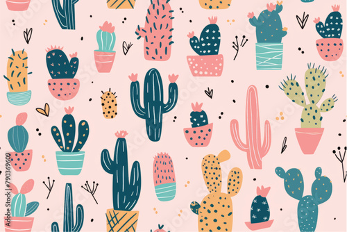 cute trendy hand drawn cactus seamless pattern background