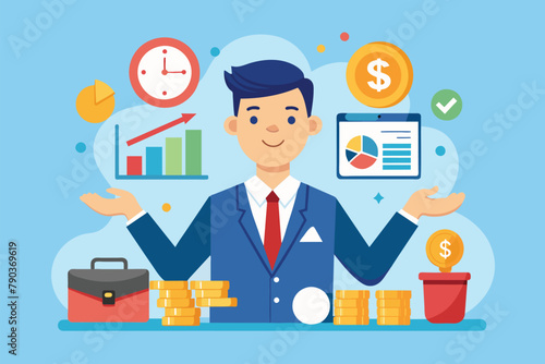Professional businessman in suit and tie surrounded by piles of coins, businessman managing finances, Simple and minimalist flat Vector Illustration