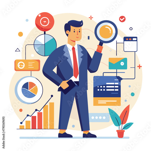 A man in a suit closely examines data through a magnifying glass, focusing on details, Businessman with data and magnifying glass trending, Simple and minimalist flat Vector Illustration