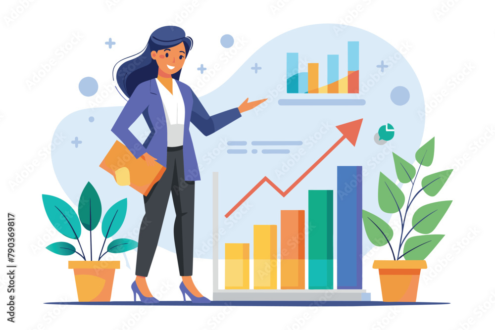 Businesswoman standing in front of a bar chart presenting business growth progress, Businesswoman presents a business growth charts metaphor, Simple and minimalist flat Vector Illustration Businesswoman standing in front of a bar chart presenting business growth progress, Businesswoman presents a business growth charts metaphor, Simple and minimalist flat Vector Illustration