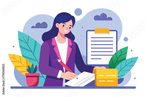 Businesswoman focused on filling out a form on a clipboard for a business contract, Businesswoman signing a business contract, Simple and minimalist flat Vector Illustration