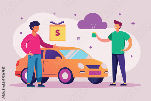 Two men standing beside a bright yellow car, shopping or discussing outside a dealership or car lot, Buy a car at the best price, Simple and minimalist flat Vector Illustration