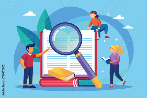 People Examining Book With Magnifying Glass, characters with huge magnifying glass and pencil edit and correct mistakes in book, Simple and minimalist flat Vector Illustration