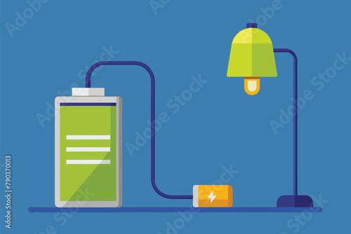 A lamp and a battery being charged by a charger, charge the lamp battery, Simple and minimalist flat Vector Illustration