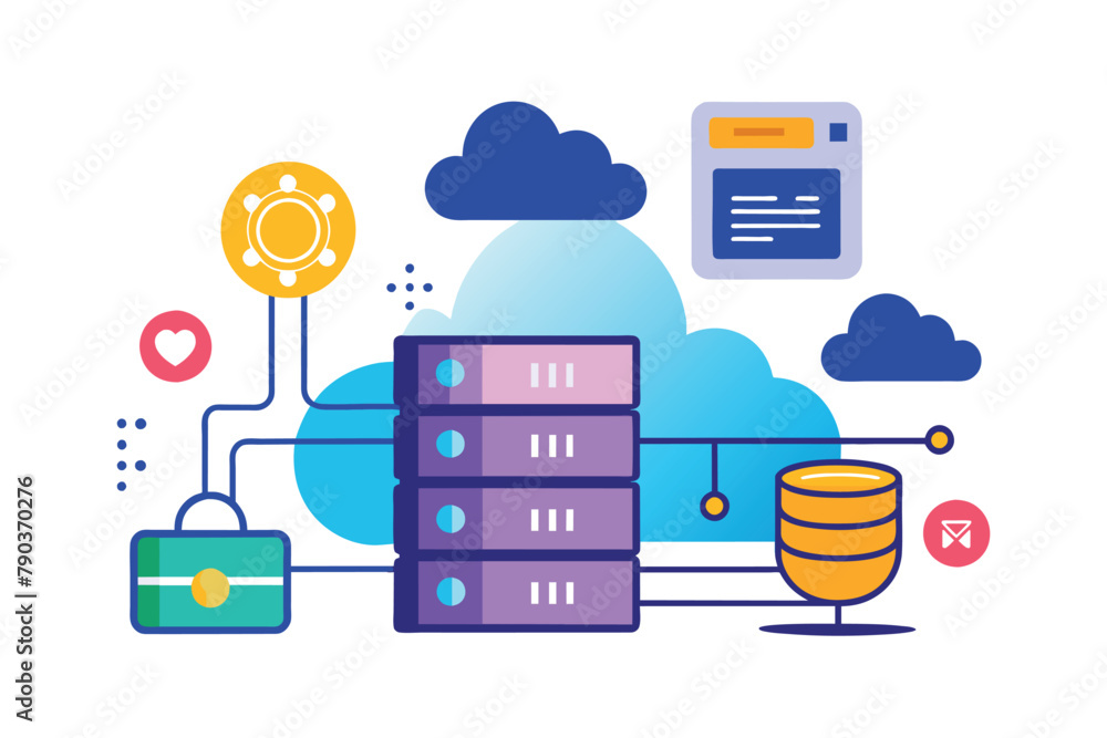 A stack of data with a cloud in the background, symbolizing cloud storage and data security, Cloud storage, internet database data security, Simple and minimalist flat Vector Illustration A stack of data with a cloud in the background, symbolizing cloud storage and data security, Cloud storage, internet database data security, Simple and minimalist flat Vector Illustration