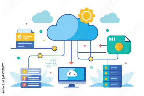 A visual representation of a cloud storage data connection between a computer and printer, Cloud storage data storage process vector, Simple and minimalist flat Vector Illustration